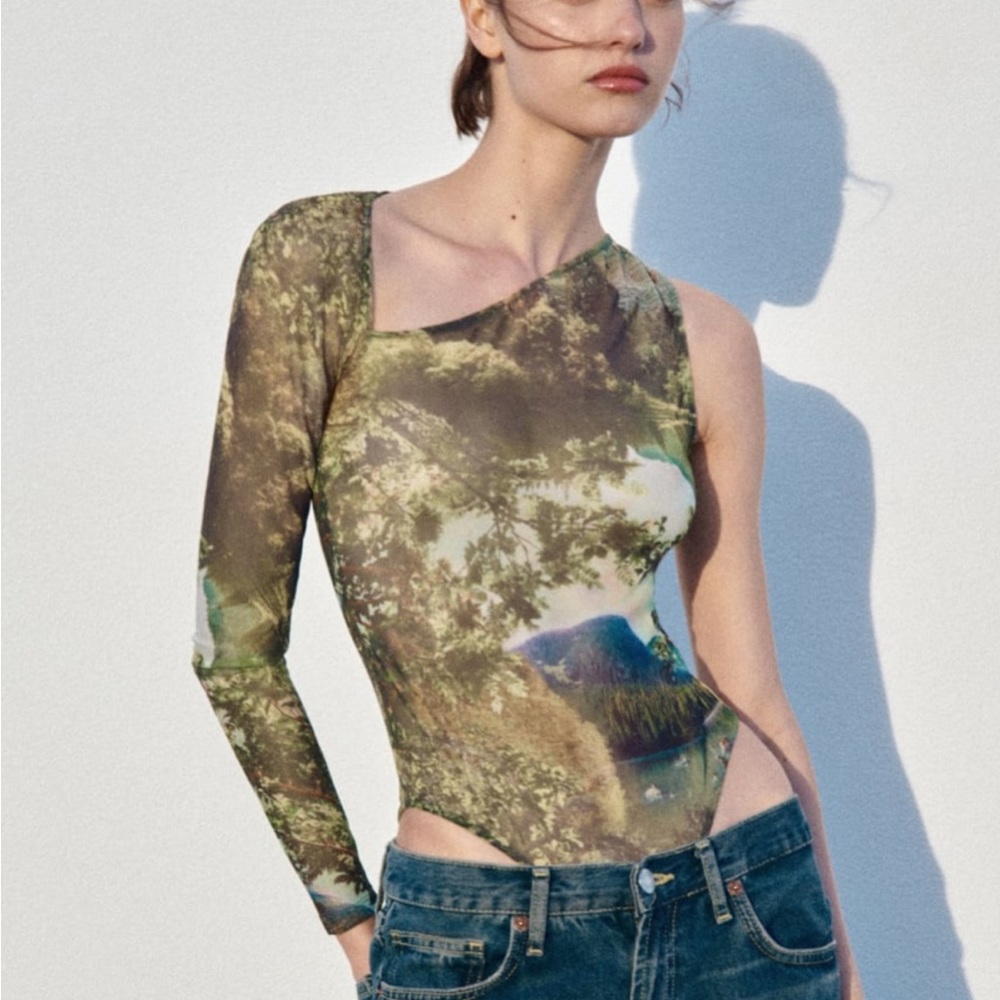 NWT ZARA PRINTED TULLE BODYSUIT MULTICOLORED